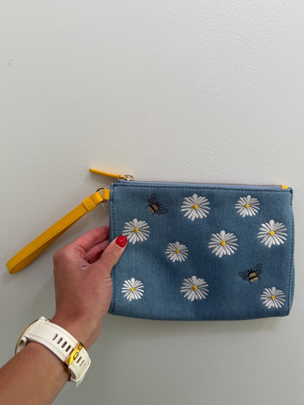 Denim Blue Daisy & Bee Wristlet Clutch with Yellow Strap- Talbots